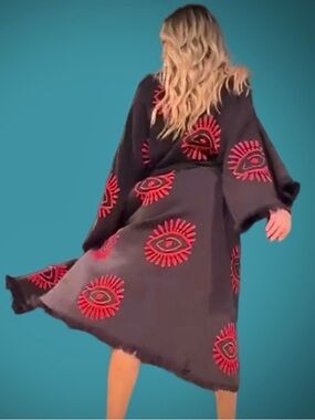 Red Eye Woven Kimono Duster Robe Black Runway Boho Resort Cover Up NEW